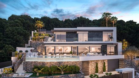 Luxusvilla von hausautomation mit aufzug, design garten, infinity-pool und meerblick.