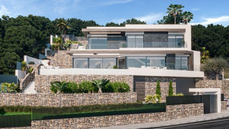 Luxusvilla von hausautomation mit aufzug, design garten, infinity-pool und meerblick.