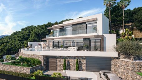 Luxusvilla von hausautomation mit aufzug, design garten, infinity-pool und meerblick.