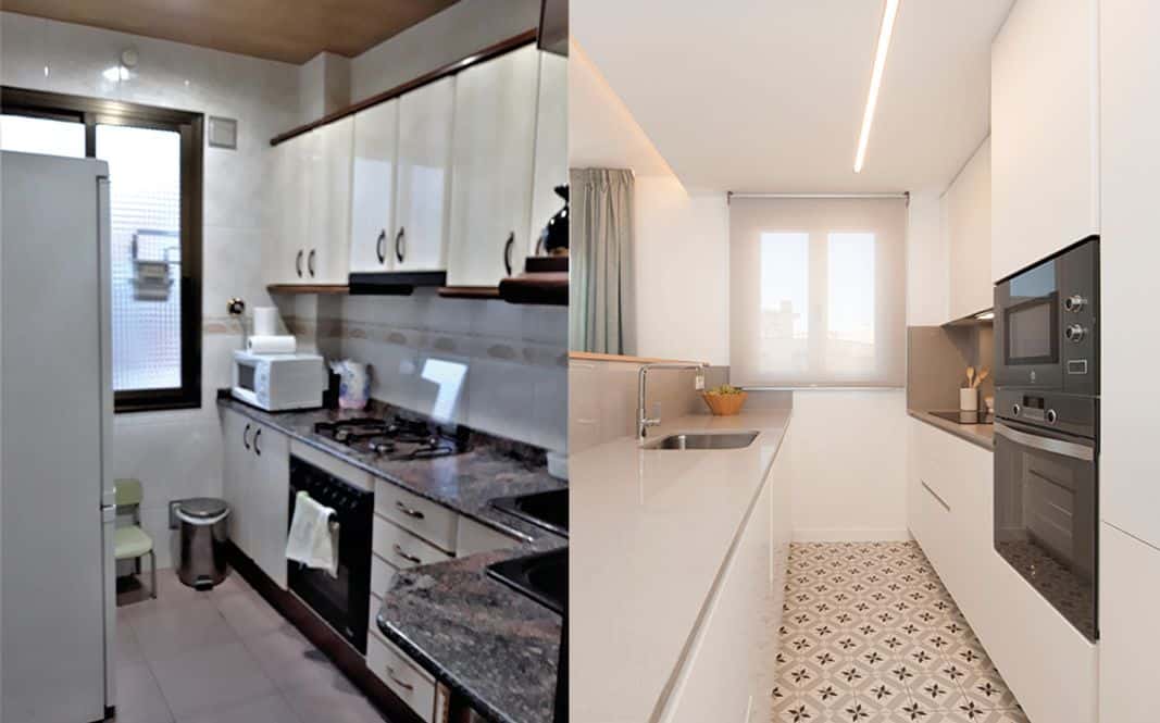 Before and after of a kitchen renovation to increase property value before selling.